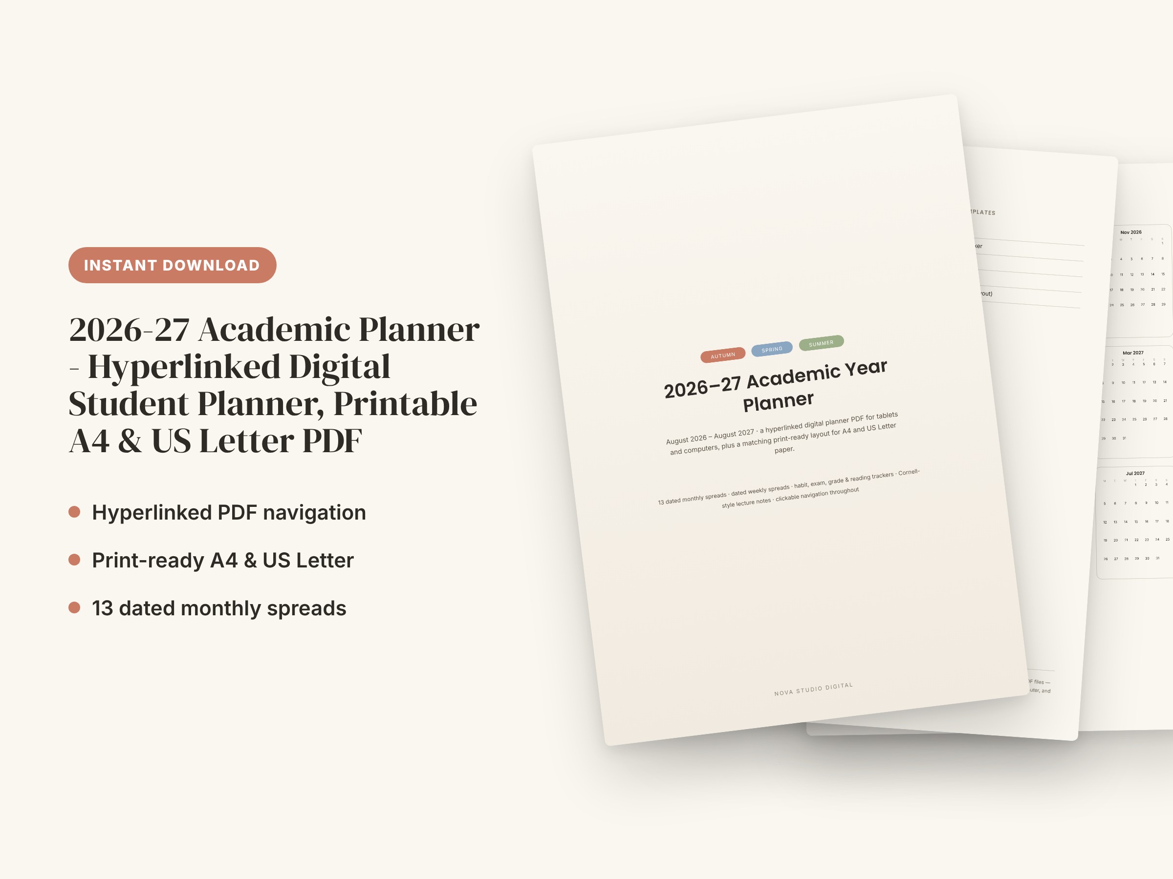 2026-27 Academic Planner - Hyperlinked Digital Student Planner, Printable A4 & US Letter PDF