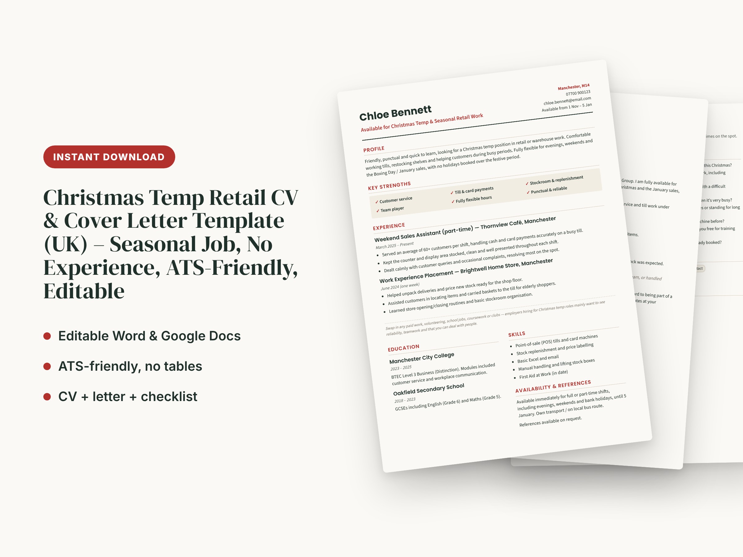 Christmas Temp Retail CV & Cover Letter Template (UK) – Seasonal Job, No Experience, ATS-Friendly, Editable, image 1