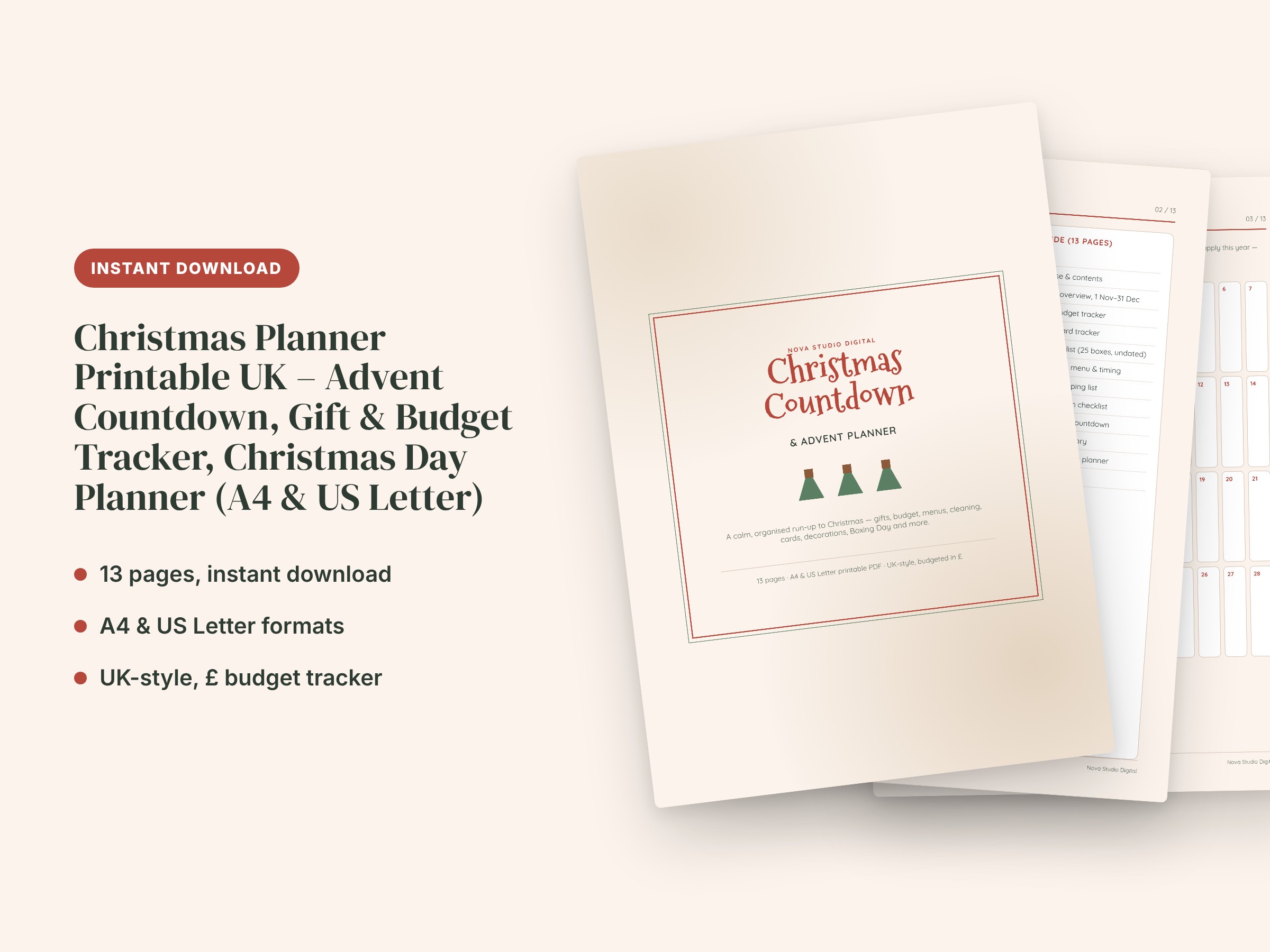 Christmas Planner Printable UK – Advent Countdown, Gift & Budget Tracker, Christmas Day Planner (A4 & US Letter), image 1