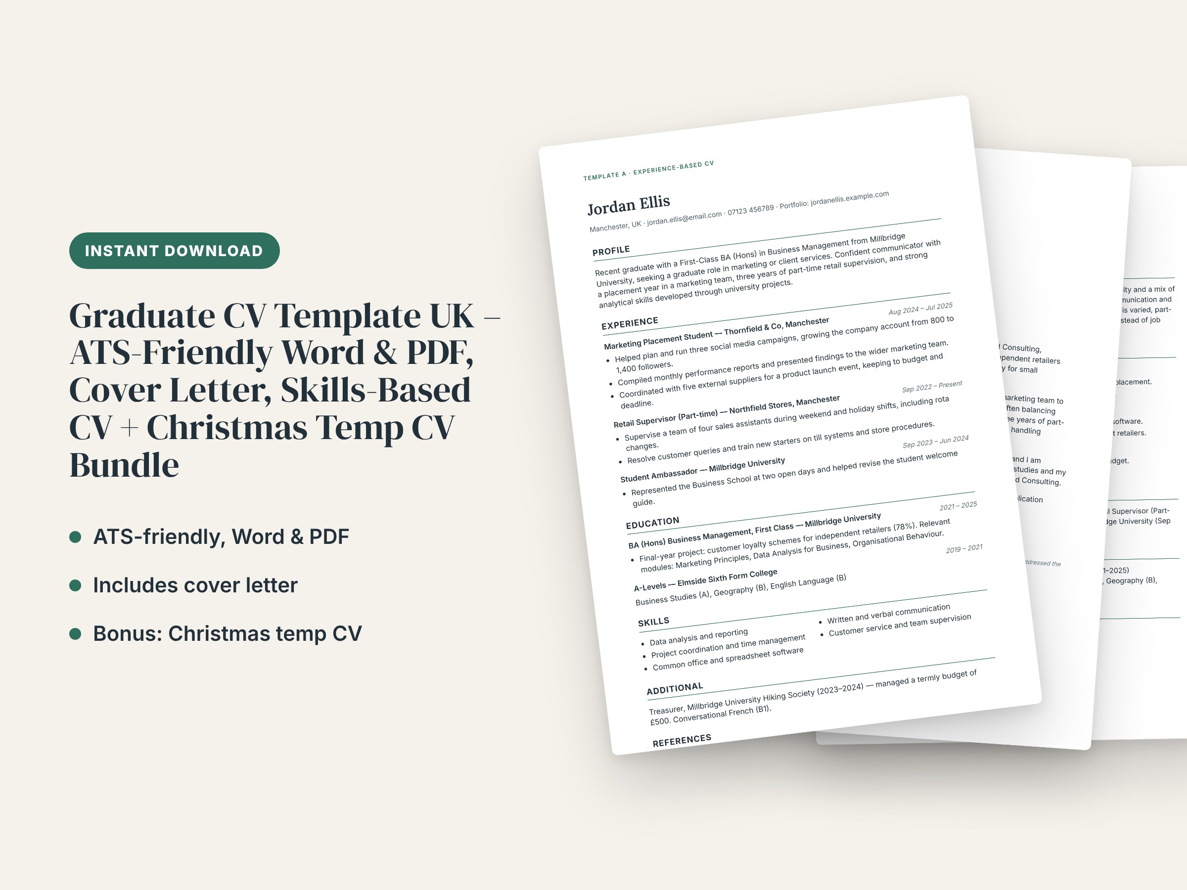 Graduate CV Template UK – ATS-Friendly Word & PDF, Cover Letter, Skills-Based CV + Christmas Temp CV Bundle