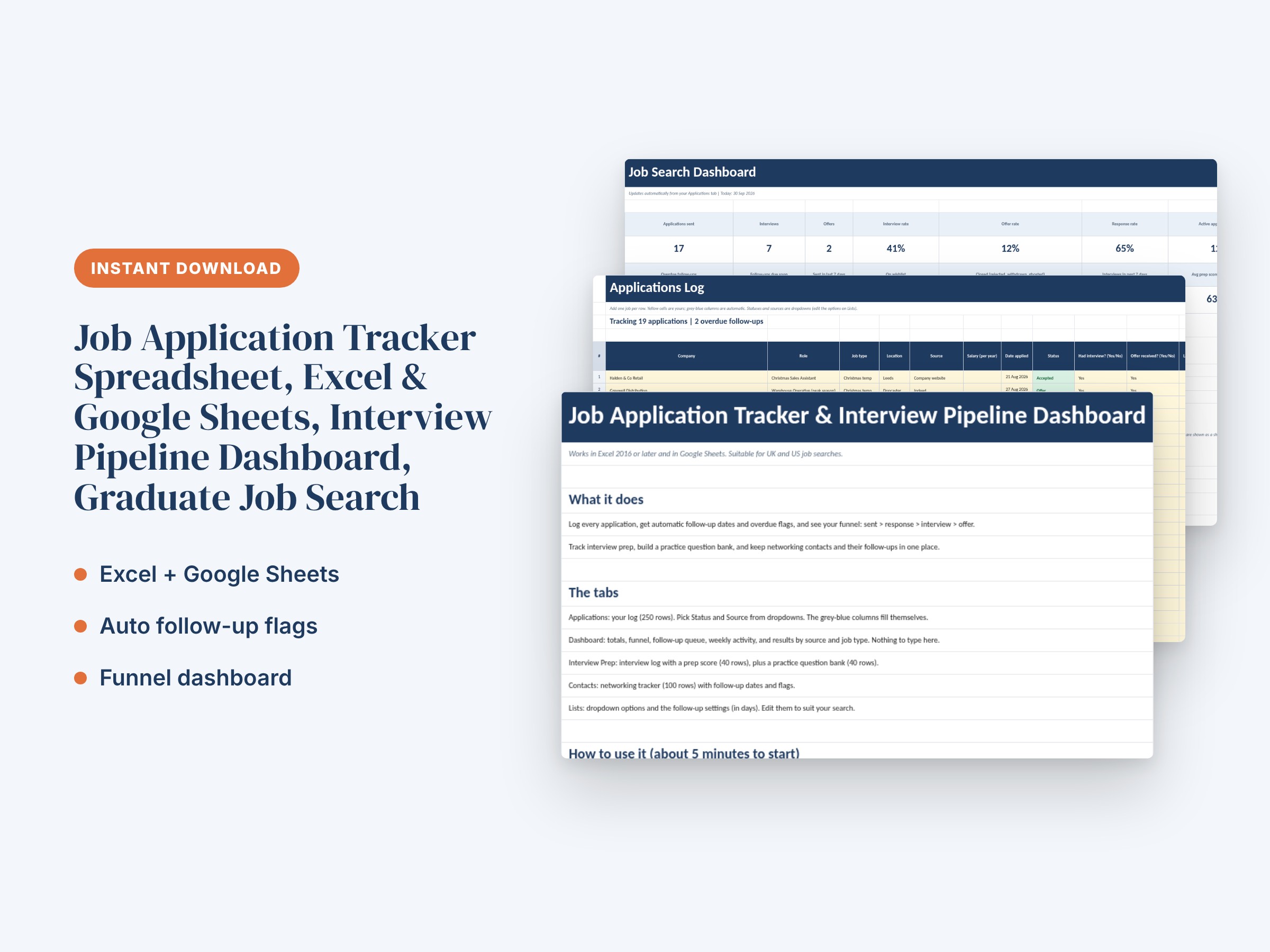 Job Application Tracker Spreadsheet, Excel & Google Sheets, Interview Pipeline Dashboard, Graduate Job Search