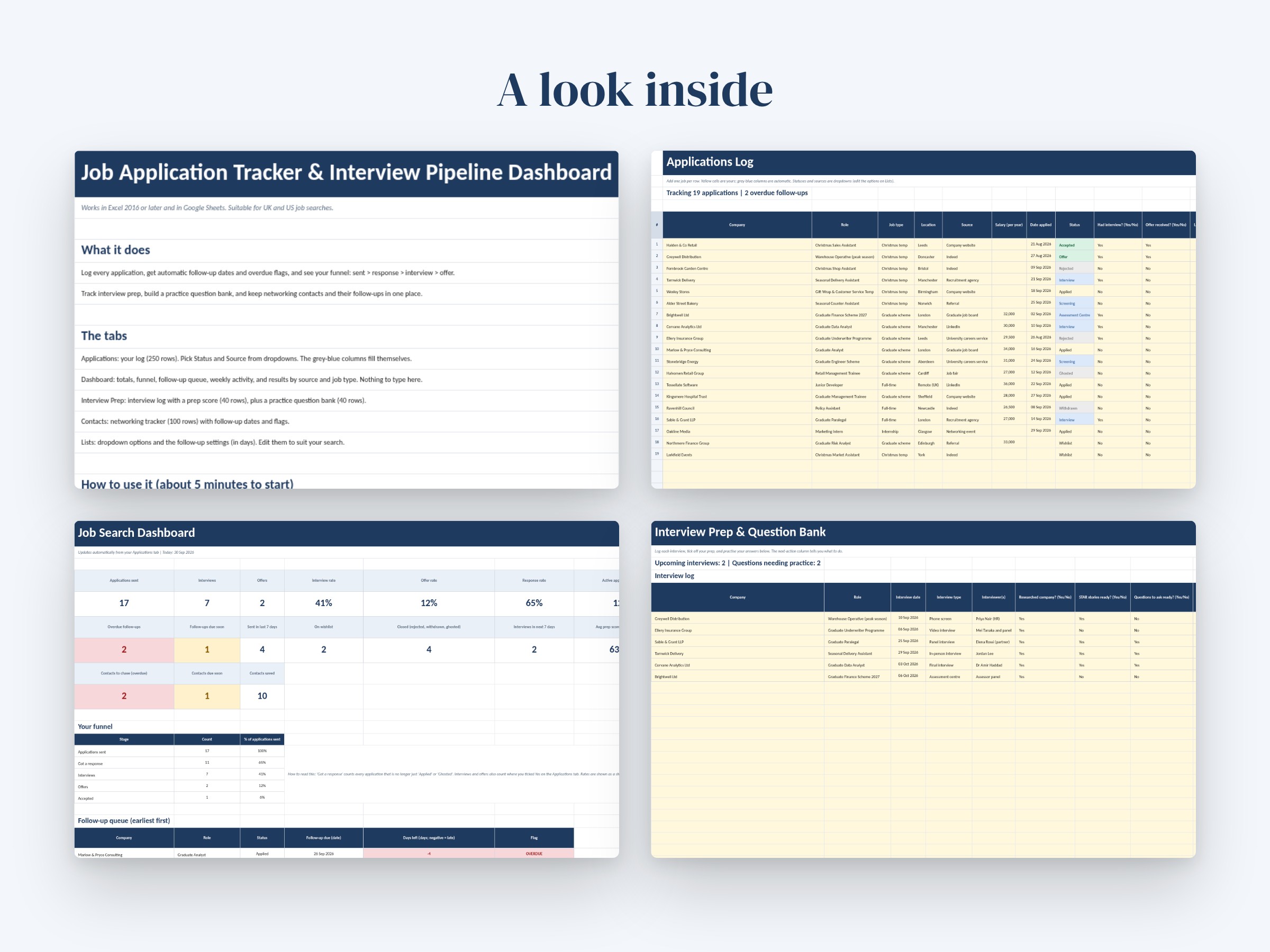 Job Application Tracker Spreadsheet, Excel & Google Sheets, Interview Pipeline Dashboard, Graduate Job Search, image 2