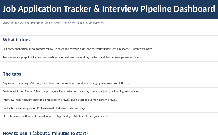 Job Application Tracker Spreadsheet, Excel & Google Sheets, Interview Pipeline Dashboard, Graduate Job Search, image 4