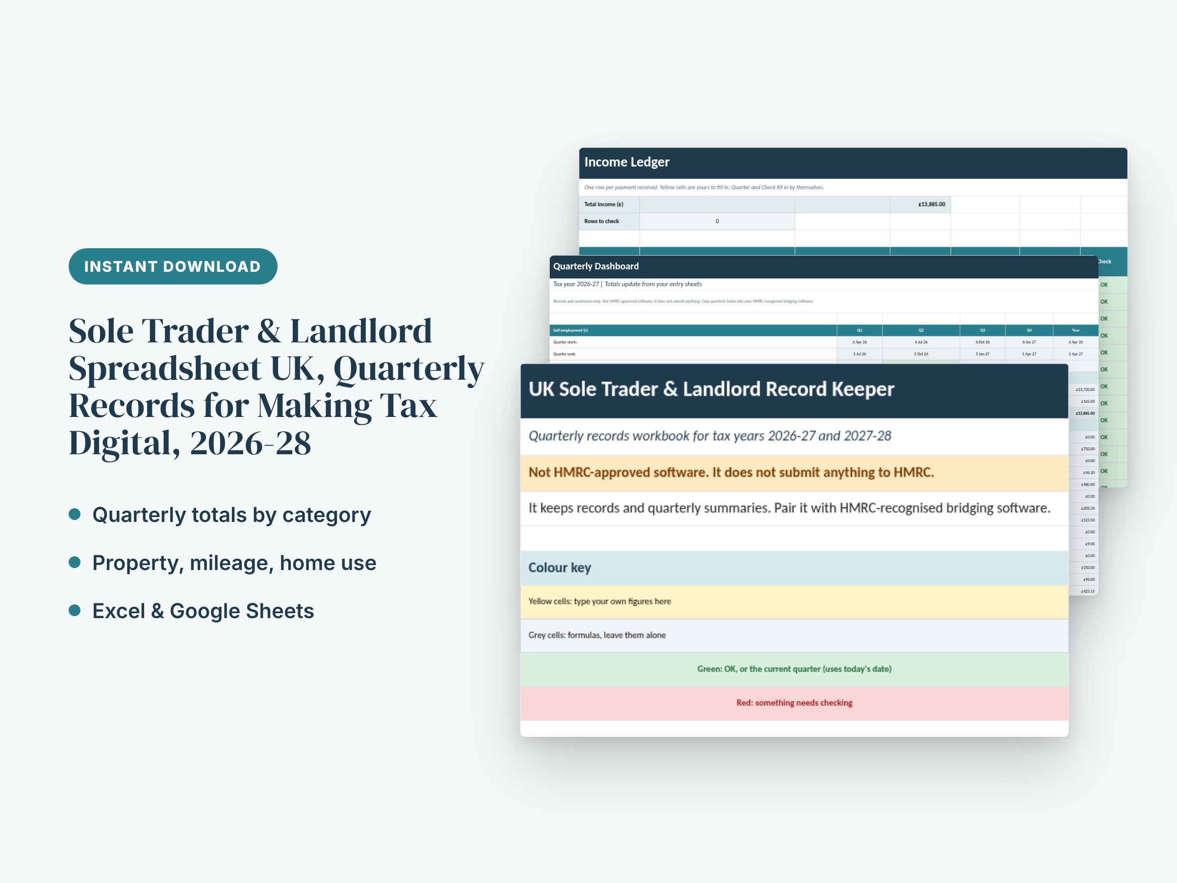 Sole Trader & Landlord Spreadsheet UK, Quarterly Records for Making Tax Digital, 2026-28
