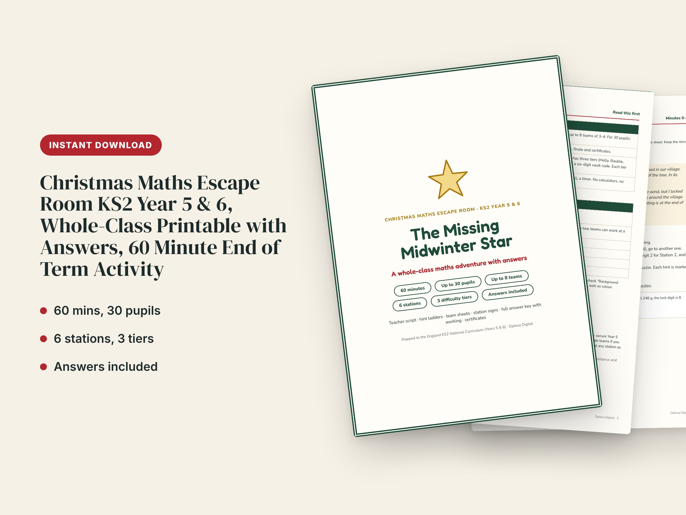 Christmas Maths Escape Room KS2 Year 5 & 6, Whole-Class Printable with Answers, 60 Minute End of Term Activity