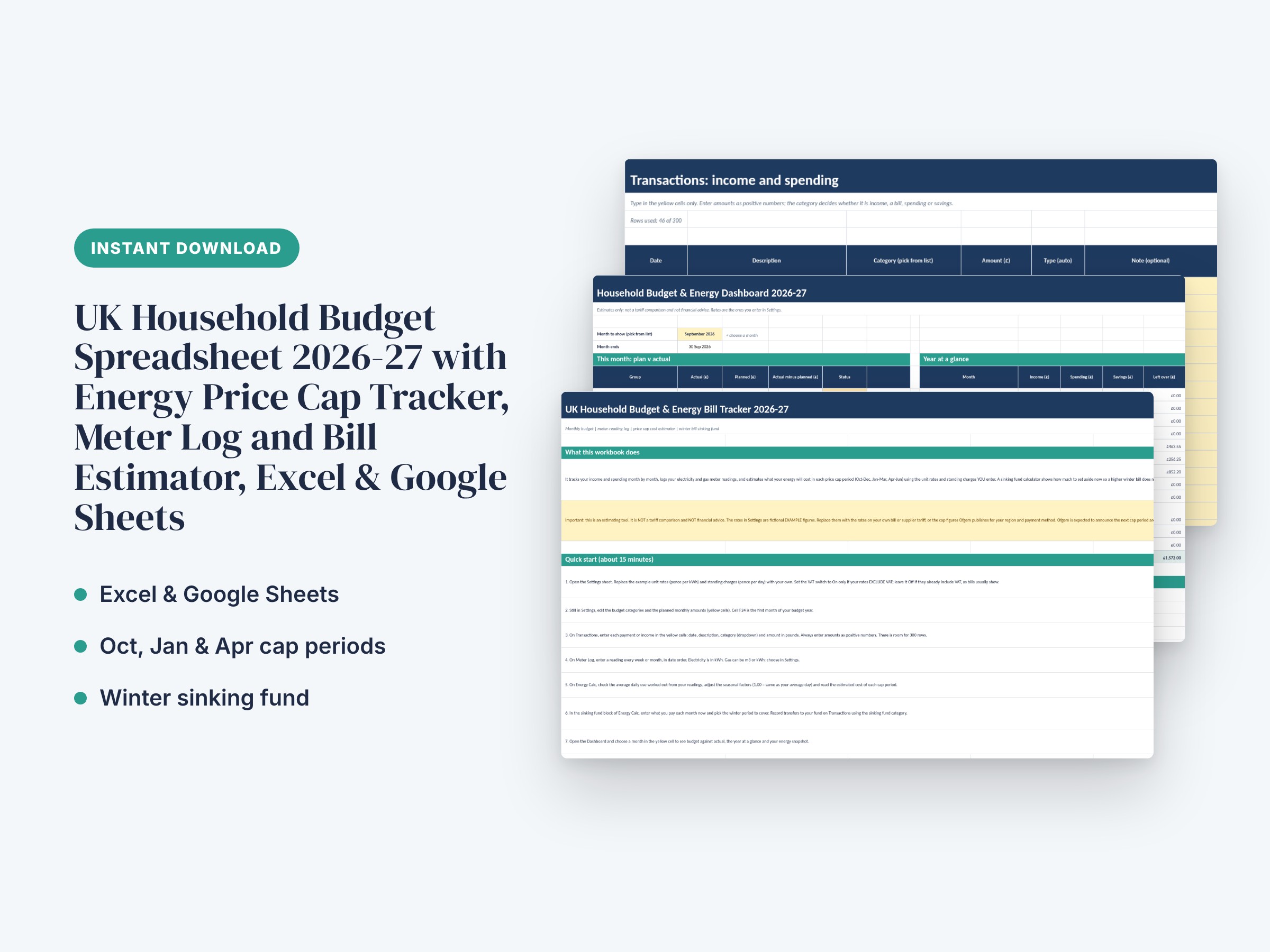UK Household Budget Spreadsheet 2026-27 with Energy Price Cap Tracker, Meter Log and Bill Estimator, Excel & Google Sheets