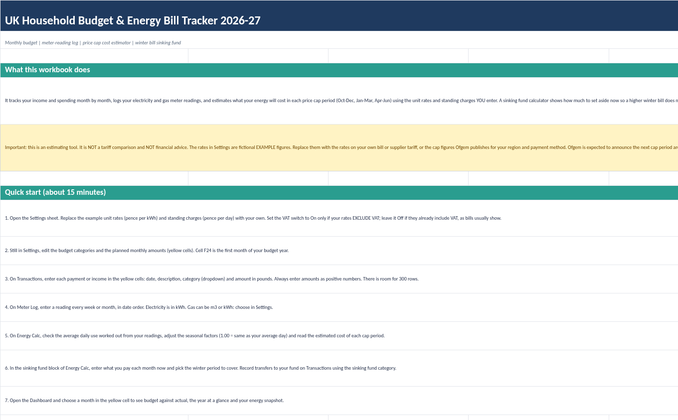 UK Household Budget Spreadsheet 2026-27 with Energy Price Cap Tracker, Meter Log and Bill Estimator, Excel & Google Sheets, image 4
