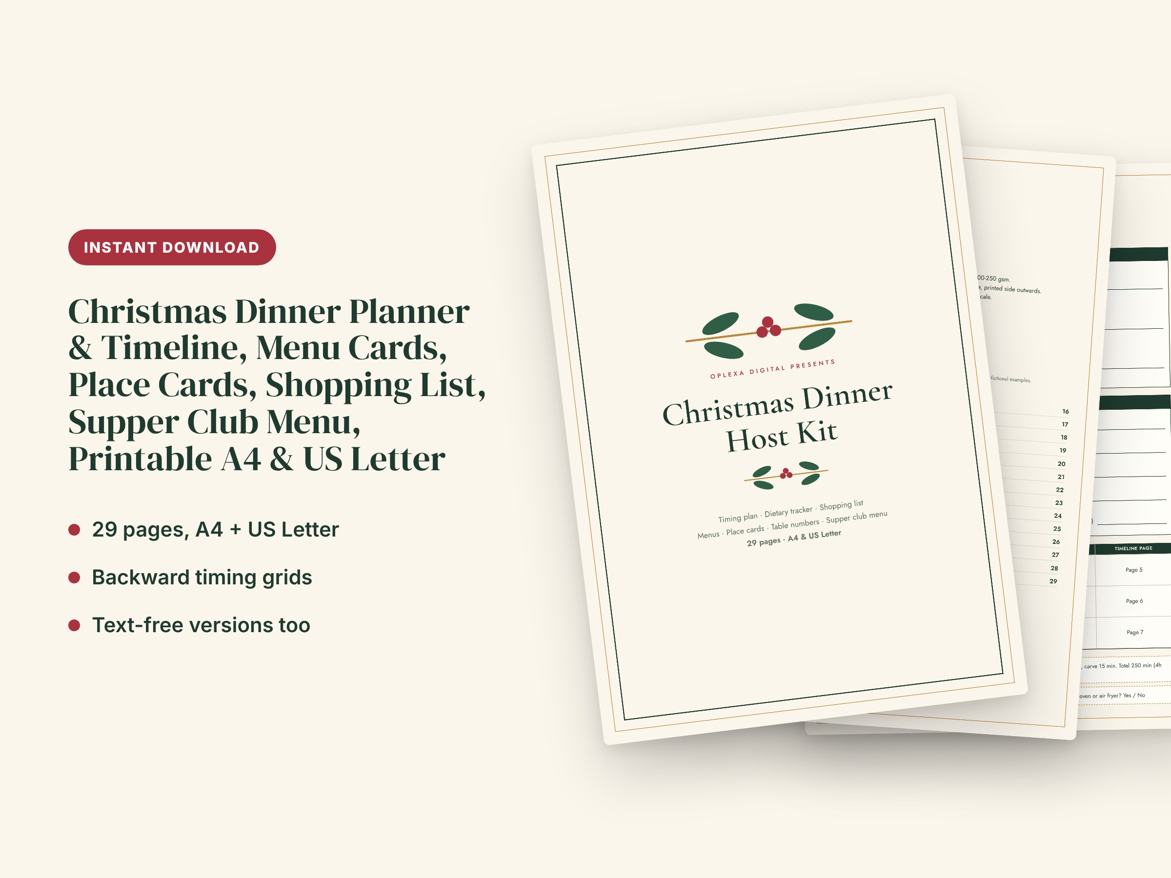 Christmas Dinner Planner & Timeline, Menu Cards, Place Cards, Shopping List, Supper Club Menu, Printable A4 & US Letter, image 1