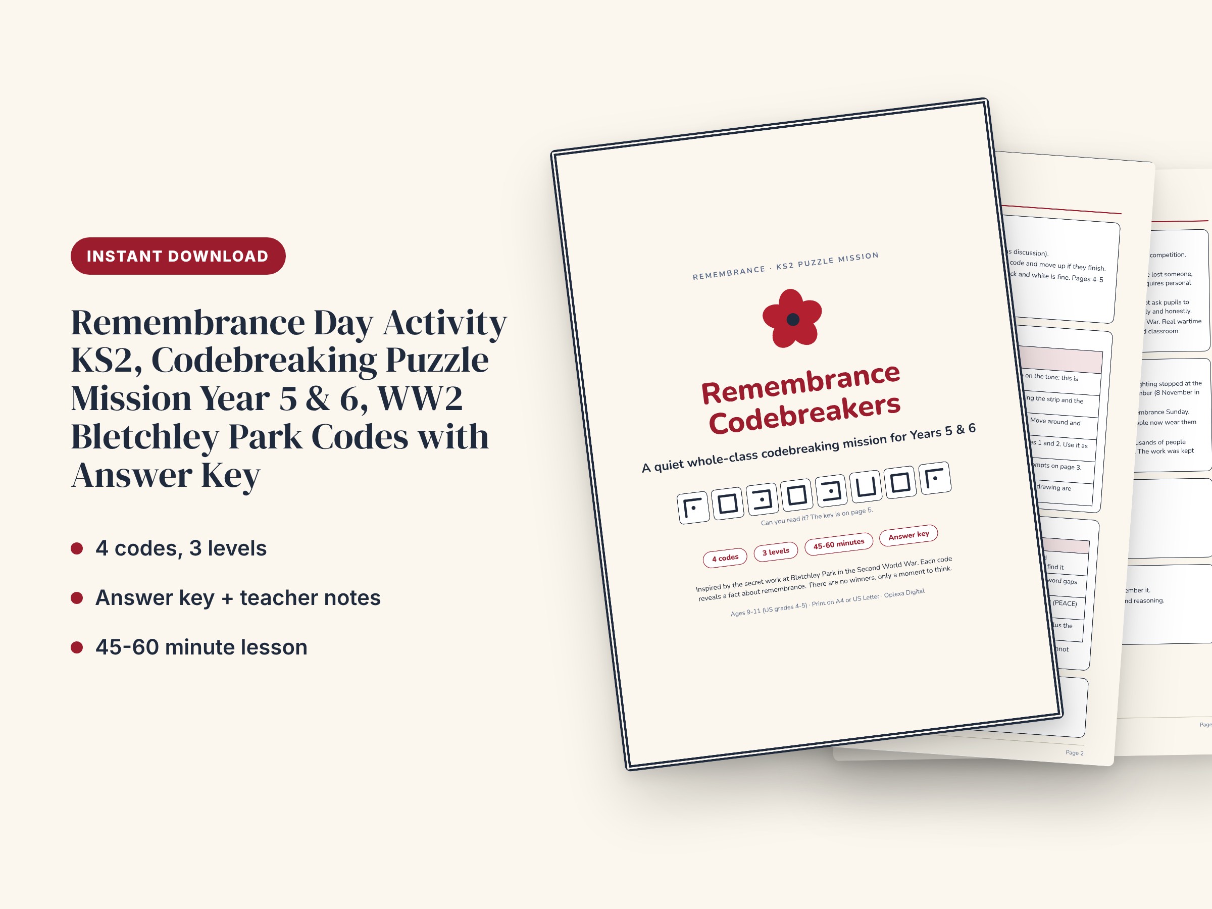 Remembrance Day Activity KS2, Codebreaking Puzzle Mission Year 5 & 6, WW2 Bletchley Park Codes with Answer Key