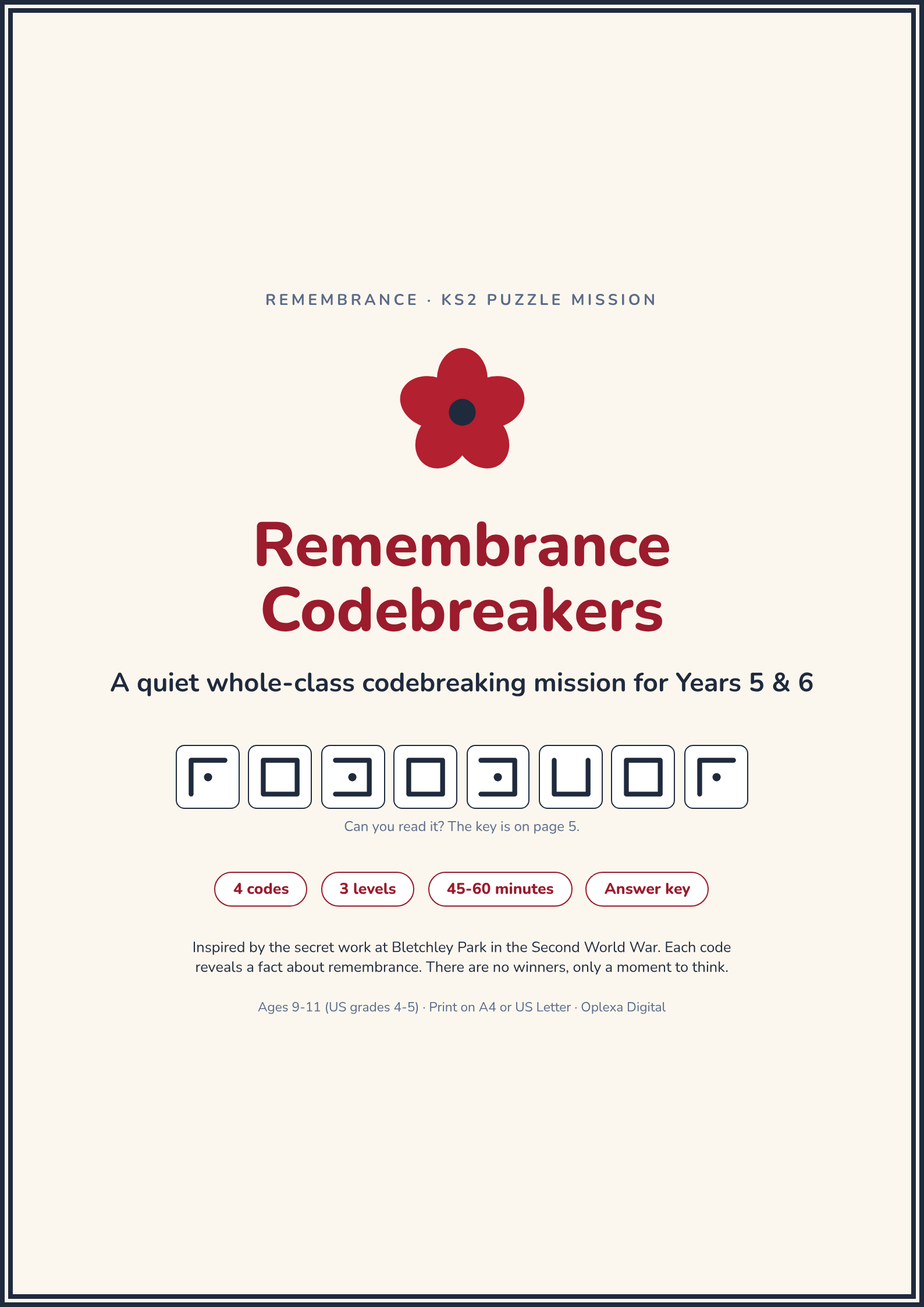 Remembrance Day Activity KS2, Codebreaking Puzzle Mission Year 5 & 6, WW2 Bletchley Park Codes with Answer Key, image 4