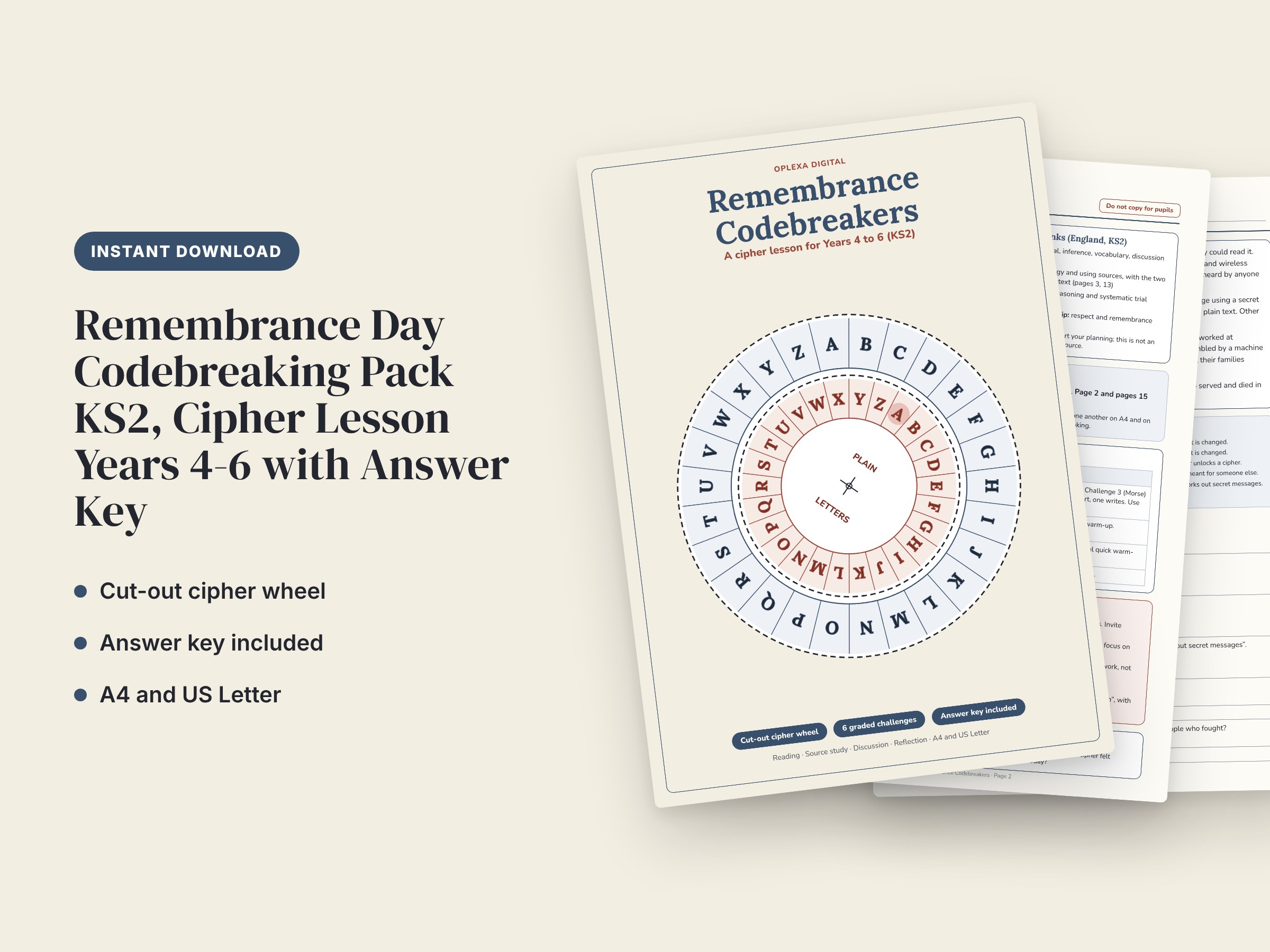 Remembrance Day Codebreaking Pack KS2, Cipher Lesson Years 4-6 with Answer Key, image 1