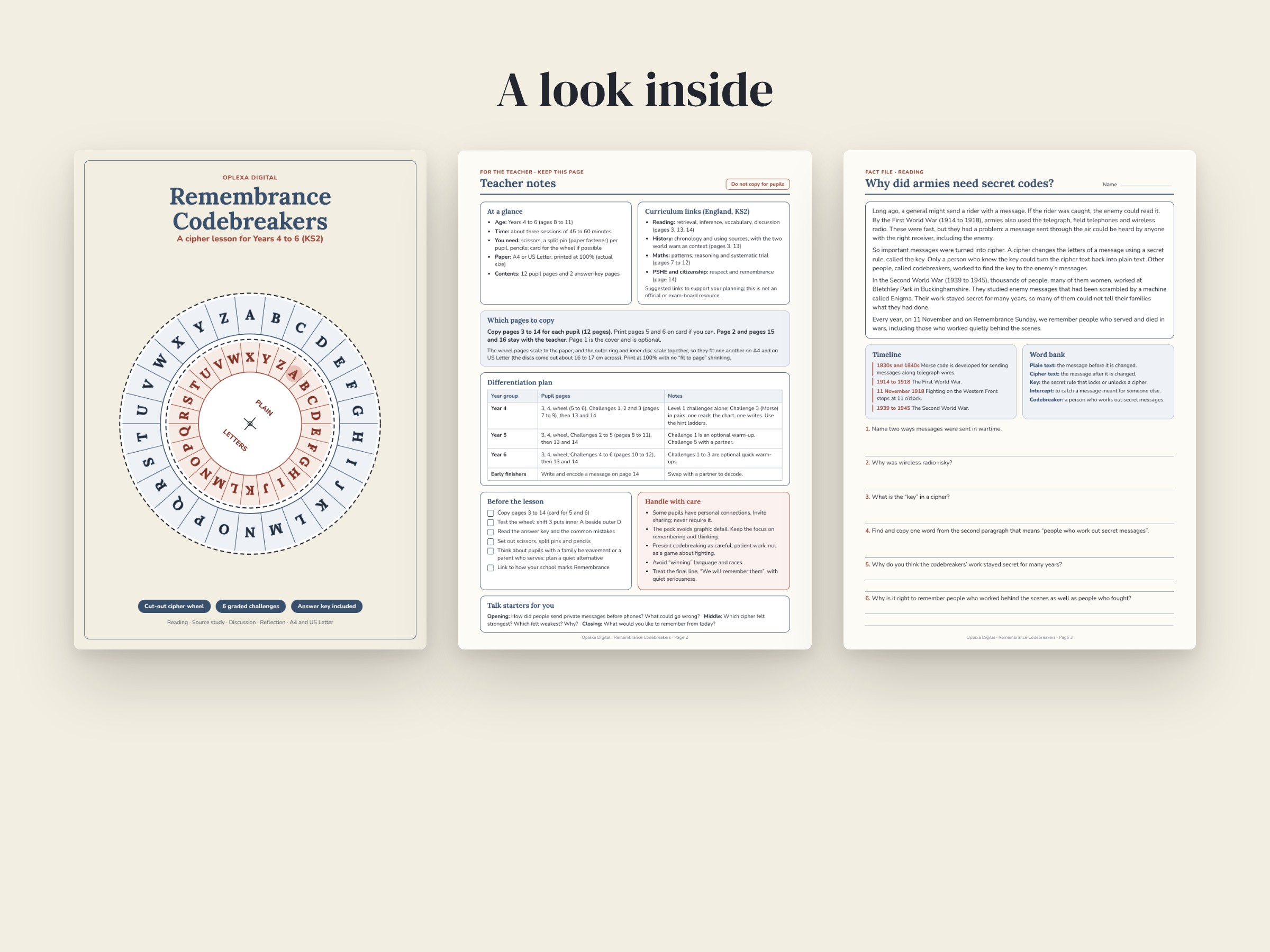 Remembrance Day Codebreaking Pack KS2, Cipher Lesson Years 4-6 with Answer Key, image 2
